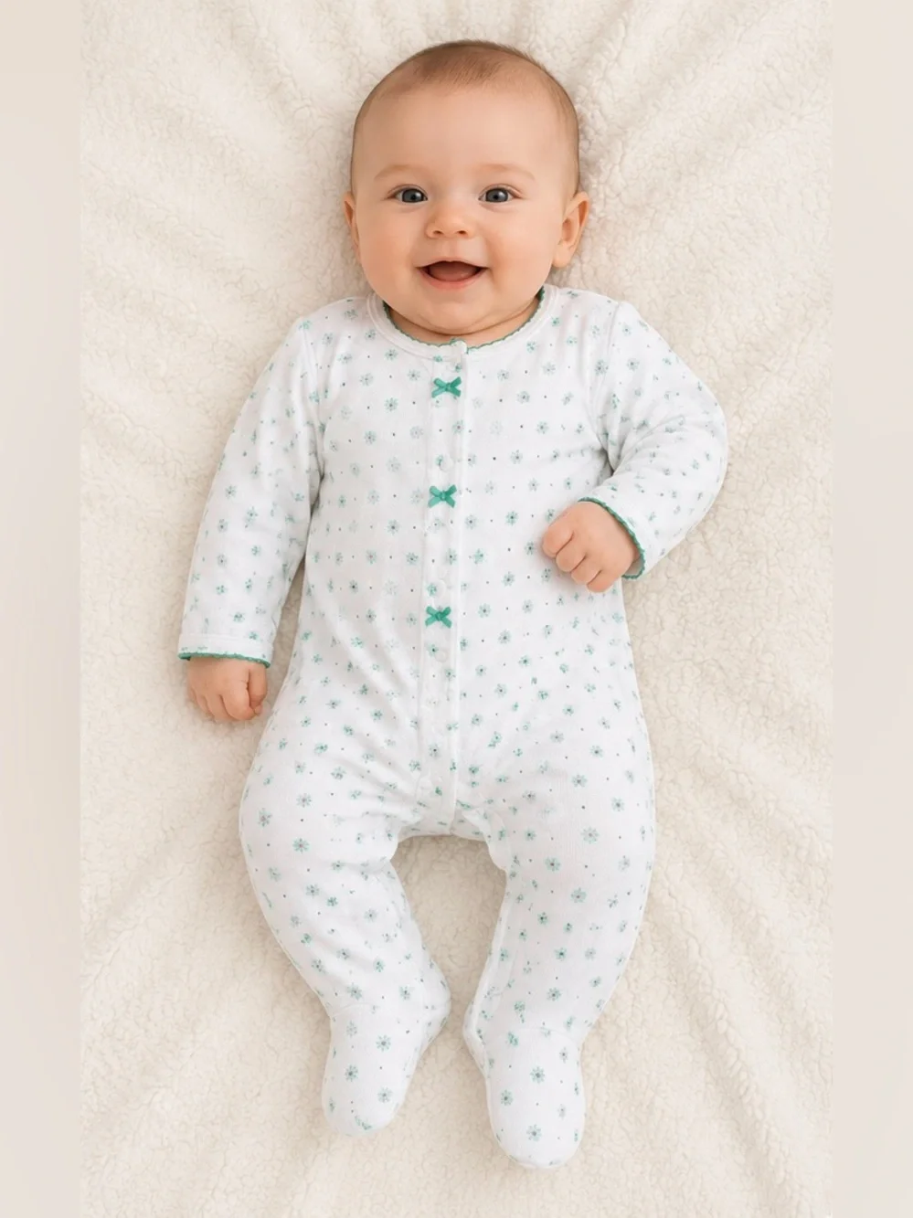 3 MTH Carter's White Footed One-Piece with Teal Star Dots